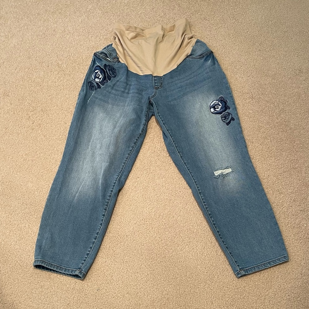 Indigo Blue - Maternity Embroidered Blue Jeans - Distressed - Size: 1X